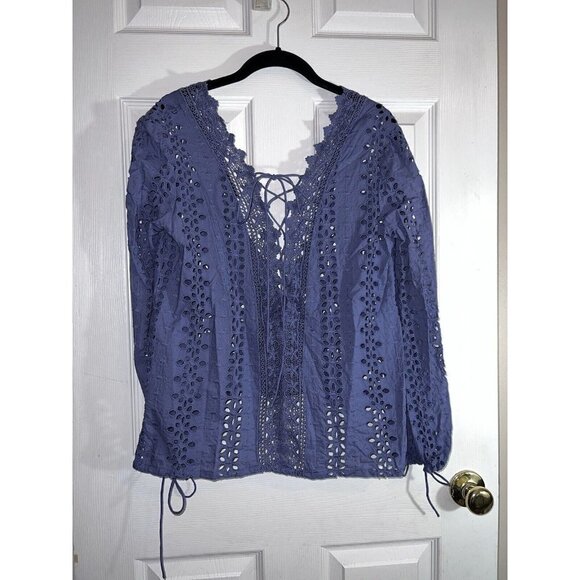 BARDOT Cotton Eyelet Embroidered Open Back Front Tie Long Sleeve Blouse - Picture 2 of 13